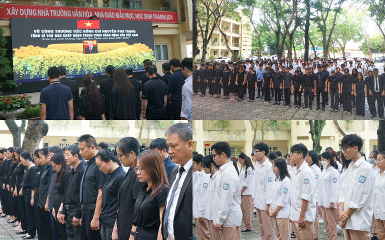 Thầy, trò và các thế hệ cựu học sinh Trường THPT Nguyễn Gia Thiều dành một phút mặc niệm Tổng Bí thư Nguyễn Phú Trọng tại lễ tưởng niệm. (Ảnh: TRUNG HƯNG) Thầy, trò và các thế hệ cựu học sinh Trường THPT Nguyễn Gia Thiều dành một phút mặc niệm Tổng Bí thư Nguyễn Phú Trọng tại lễ tưởng niệm. (Ảnh: TRUNG HƯNG)