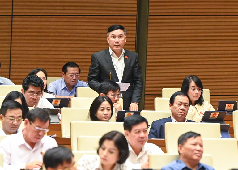 Đại biểu Lê Hoàng Anh (Gia Lai) chất vấn Bộ trưởng Tài Chính về vấn đề chi thường xuyên và chậm ban hành thực hiện Nghị quyết 74 của Quốc hội. (Ảnh: DUY LINH)