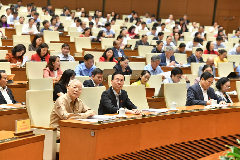 Tổng Bí thư Nguyễn Phú Trọng và các đồng chí lãnh đạo Đảng, Nhà nước và các đại biểu dự phiên họp tại Hội trường Ba Đình. (Ảnh: ĐĂNG KHOA)