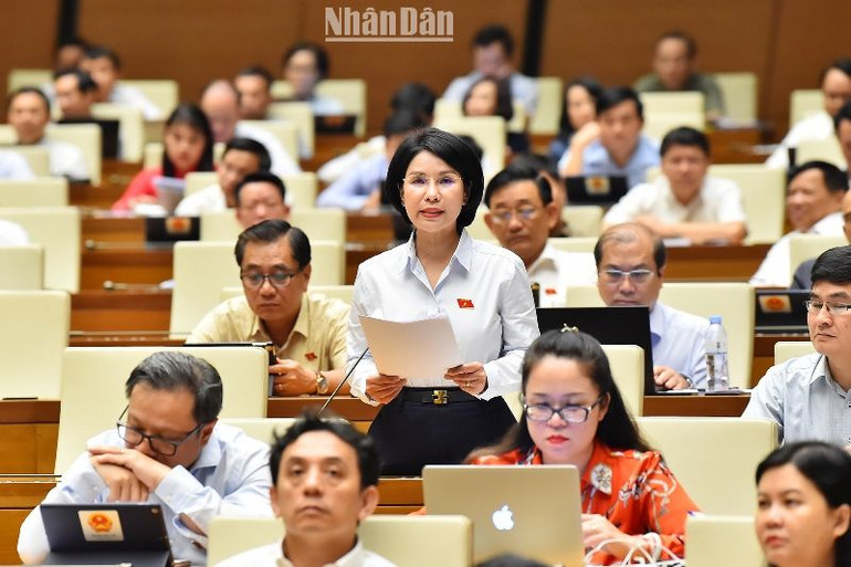 Đại biểu Trần Thị Nhị Hà (Hà Nội) phát biểu ý kiến tại phiên họp. (Ảnh: THỦY NGUYÊN)