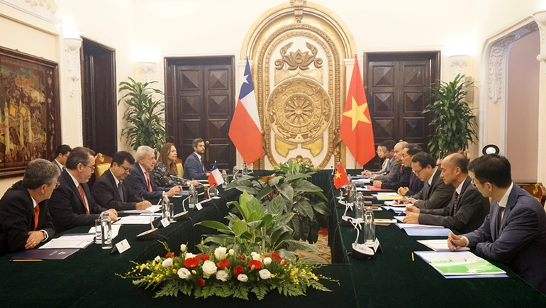 Bộ trưởng Ngoại giao Bùi Thanh Sơn hội đàm với Bộ trưởng Ngoại giao Chile Alberto Van Klaveren. (Ảnh: TRUNG HƯNG)