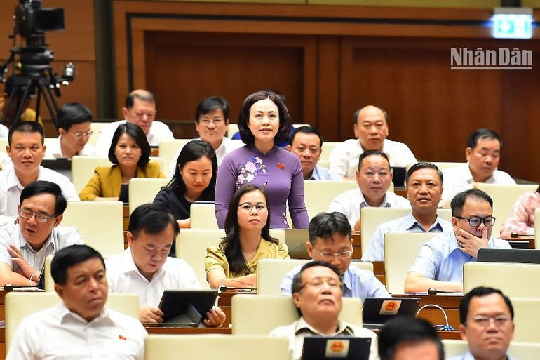 Đại biểu Trần Thị Hồng Thanh - Đoàn đại biểu Quốc hội tỉnh Ninh Bình chất vấn Bộ trưởng Huỳnh Thành Đạt. (Ảnh: THỦY NGUYÊN)