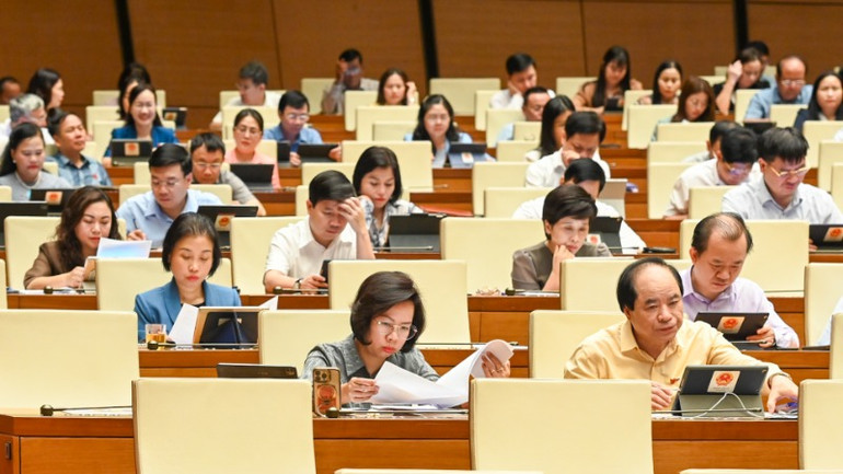 Các đại biểu Quốc hội làm việc tại hội trường. (Ảnh: BÙI GIANG)