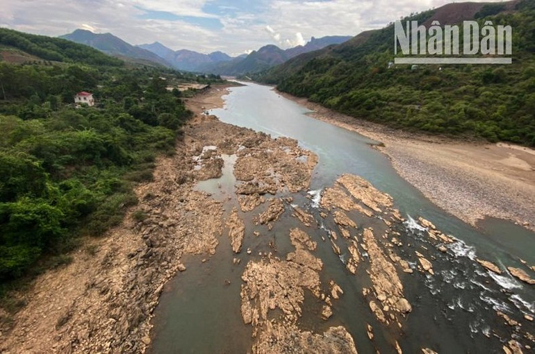 Khu vực hạ lưu của thủy điện Sơn La đã cạn trơ đáy do nước phía thượng lưu đang tích để phục vụ cho việc vận hành các tổ máy. (Ảnh: QUỐC TUẤN)