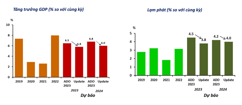 Triển vọng tăng trưởng của Việt Nam trong năm 2023 và 2023 theo dự báo của ADB. (Nguồn: Tổng cục thống kê, ước tính của ADB)