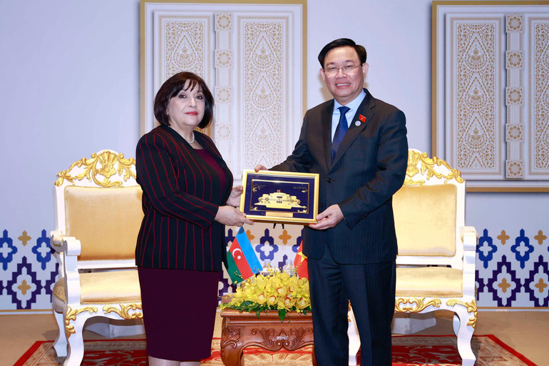 Chủ tịch Quốc hội Vương Đình Huệ gặp Chủ tịch Quốc hội Azerbaijan Shahiba Gafarova. (Ảnh: Doãn Tấn/TTXVN)