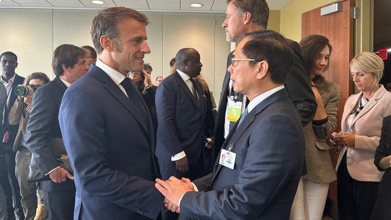 Phó Thủ tướng, Bộ trưởng Ngoại giao Bùi Thanh Sơn trao đổi với Tổng thống Pháp Emmanuel Macron.