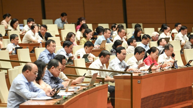 Các đại biểu Quốc hội làm việc tại hội trường. (Ảnh: BÙI GIANG)