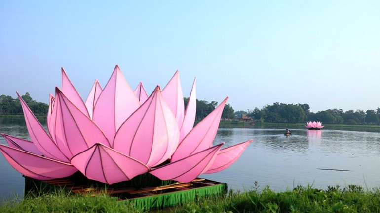 Từng hoa sen được lần lượt hạ thủy và cố định trên dòng Hương Giang.