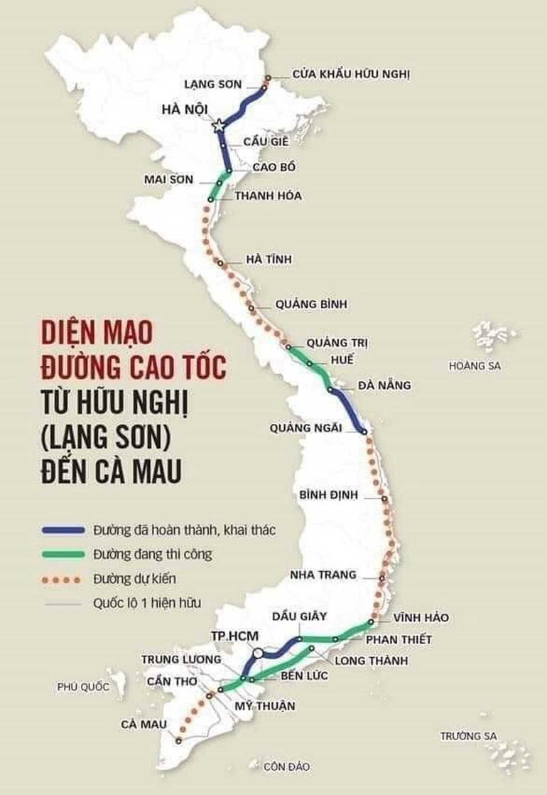 Sơ đồ toàn tuyến đường bộ cao tốc bắc-nam phía đông.