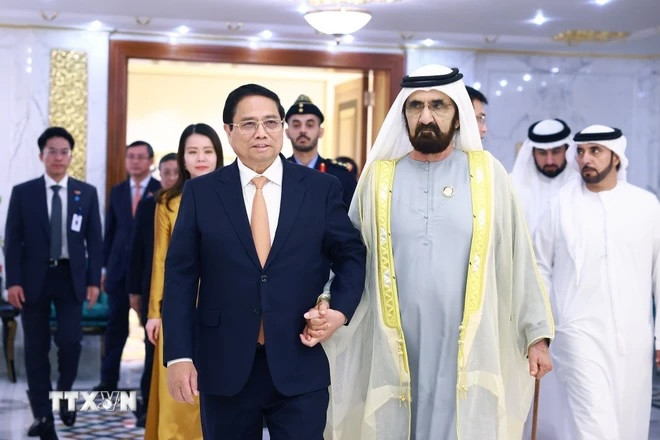 Thủ tướng Phạm Minh Chính và Phó Tổng thống, Thủ tướng UAE Sheikh Mohammed bin Rashid Al. (Ảnh: Dương Giang/TTXVN) Thủ tướng Phạm Minh Chính và Phó Tổng thống, Thủ tướng UAE Sheikh Mohammed bin Rashid Al. (Ảnh: Dương Giang/TTXVN)