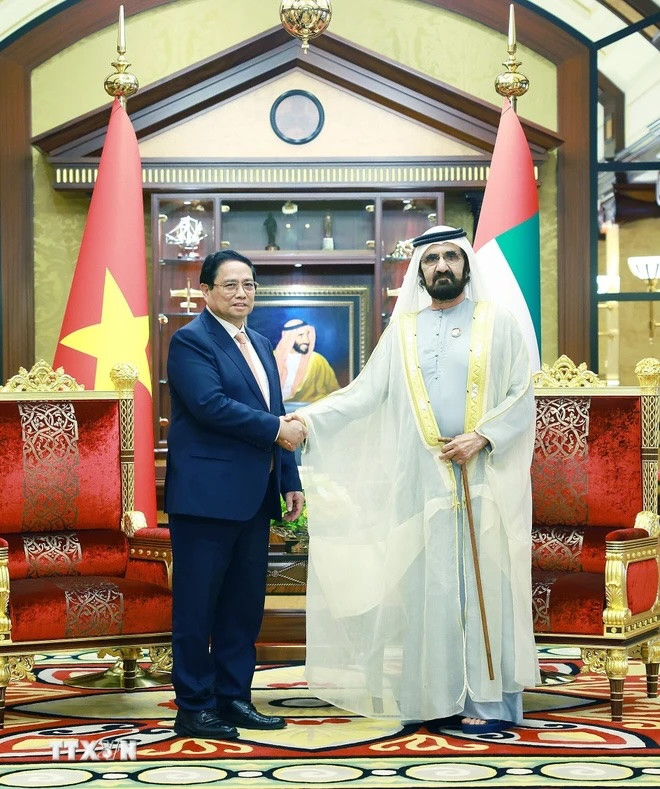 Thủ tướng Phạm Minh Chính hội đàm với Phó Tổng thống, Thủ tướng UAE Sheikh Mohammed bin Rashid Al. (Ảnh: Dương Giang/TTXVN) Thủ tướng Phạm Minh Chính hội đàm với Phó Tổng thống, Thủ tướng UAE Sheikh Mohammed bin Rashid Al. (Ảnh: Dương Giang/TTXVN)