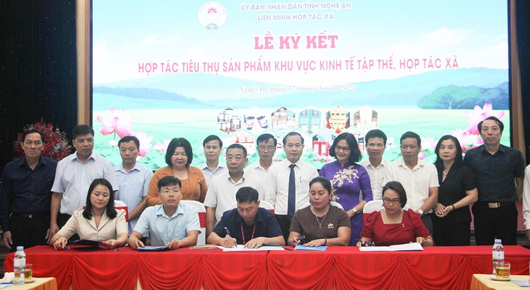 Đại diện siêu thị Lotte Vinh ký kết tiêu thụ sản phẩm với với các hợp tác xã.