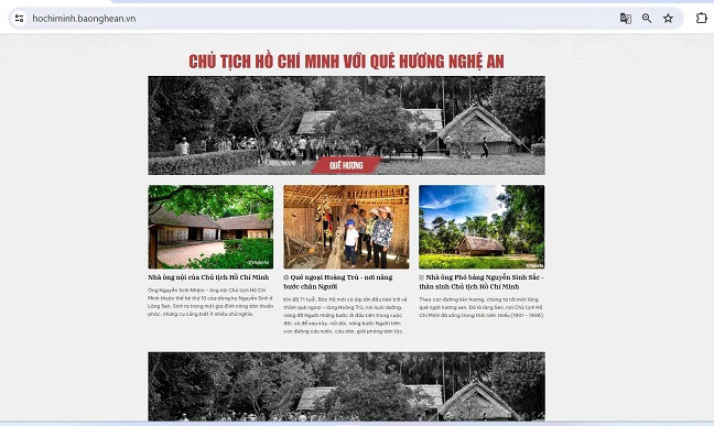 Giao diện chuyên trang báo chí dữ liệu Chủ tịch Hồ Chí Minh với quê hương Nghệ An.