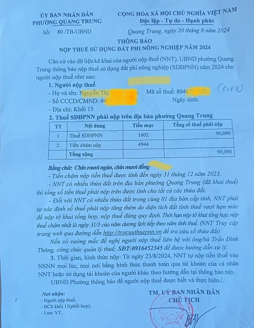 Thông báo nộp thuế sử dụng đất phi nông nghiệp của Ủy ban nhân dân phường, xã.