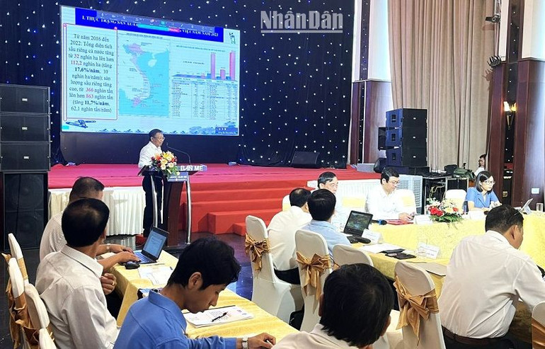 Ông Vũ Đức Côn, Chủ tịch Hiệp hội Sầu riêng tỉnh Đắk Lắk báo cáo về tình hình sản xuất sầu riêng của tỉnh Đắk Lắk.