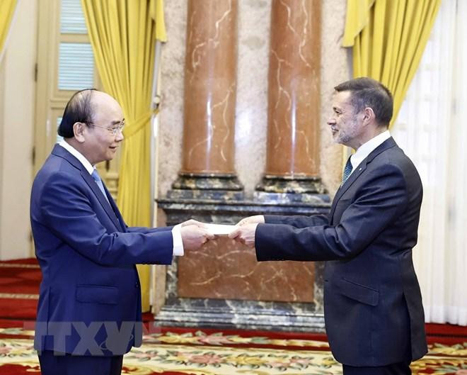 Chủ tịch nước Nguyễn Xuân Phúc tiếp Đại sứ Australia Andrew John Lech Goledzinowski đến trình Quốc thư. (Ảnh: TTXVN)