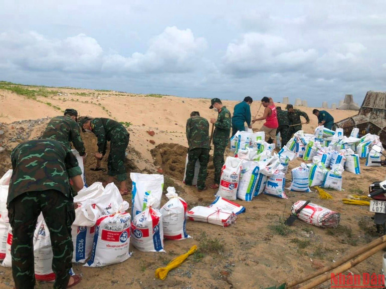 Cán bộ, chiến sĩ, dân quân tỉnh Phú Yên phối hợp các lực lượng gia cố bờ kè phòng chống biển xâm thực.