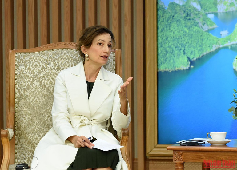 Tổng Giám đốc Audrey Azoulay đánh giá cao và cam kết sẽ hết sức nỗ lực ủng hộ các đề xuất của Thủ tướng nhằm tăng cường quan hệ hợp tác giữa tổ chức UNESCO và Việt Nam cũng như đồng hành cùng Việt Nam trong việc hỗ trợ kỹ thuật và tài chính cho các lĩnh vực hoạt động theo tôn chỉ, mục đích của UNESCO.