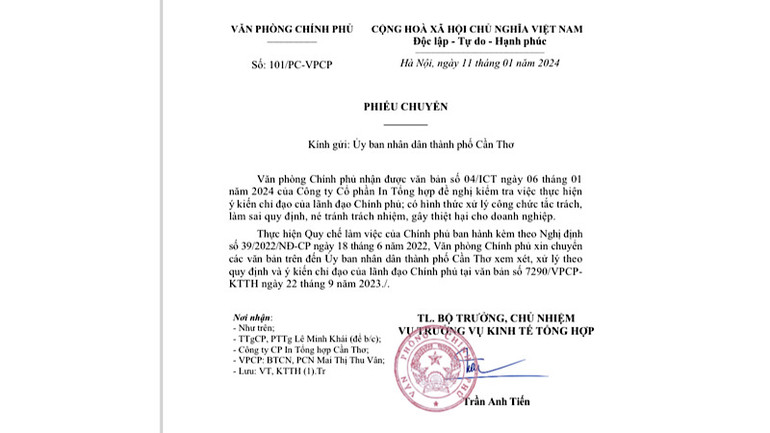 Phiếu chuyển của Văn phòng Chính phủ gửi Ủy ban nhân dân thành phố Cần Thơ đôn đốc việc giải quyết theo chỉ đạo của lãnh đạo Chính phủ tại Công văn 7290 ngày 22/9/2023. Phiếu chuyển của Văn phòng Chính phủ gửi Ủy ban nhân dân thành phố Cần Thơ đôn đốc việc giải quyết theo chỉ đạo của lãnh đạo Chính phủ tại Công văn 7290 ngày 22/9/2023.