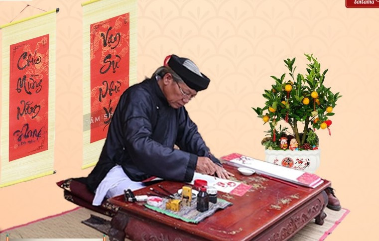 Trình diễn thư pháp, cho chữ trong ngày Tết là nét văn hóa đẹp được nhiều bạn bè Nhật Bản quan tâm.