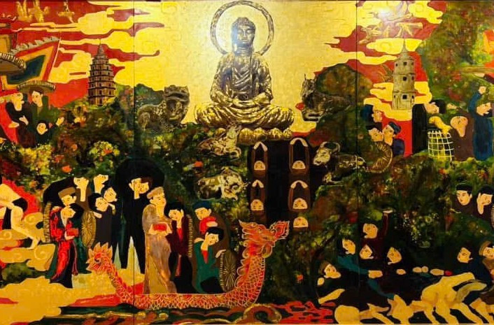 Tranh sơn ta "Lấp lánh Kinh Bắc" của họa sĩ Trần Quang Trung.