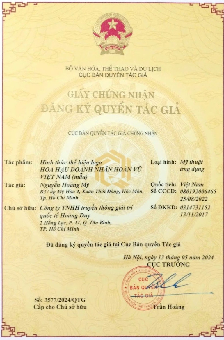 Bản quyền cuộc thi Hoa hậu Doanh nhân Hoàn vũ Việt Nam 2025 được cấp cho chủ sở hữu Công ty TNHH Truyền Thông Giải trí Quốc tế Hoàng Duy. Bản quyền cuộc thi Hoa hậu Doanh nhân Hoàn vũ Việt Nam 2025 được cấp cho chủ sở hữu Công ty TNHH Truyền Thông Giải trí Quốc tế Hoàng Duy.