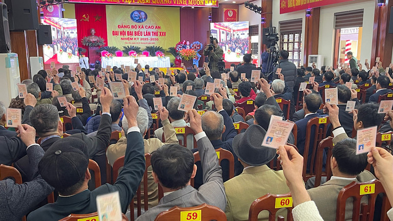 Các đảng viên biểu quyết thông qua chương trình Đại hội