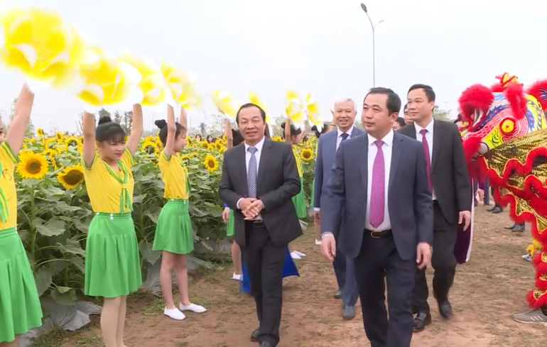 Lãnh đạo tỉnh Hải Dương tham quan vườn hoa hướng dương, nơi diễn ra nhiều hoạt động văn hóa thể thao mừng Đảng, mừng Xuân.