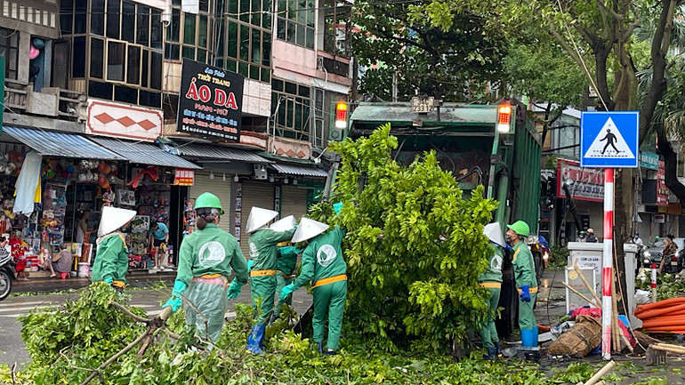 Công nhân Công ty vệ sinh môi trường Hải Dương khẩn trương dọn dẹp hệ thống cây xanh bị đổ gẫy trên địa bàn thành phố.