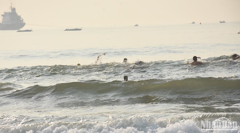 Các vận động viên trong phần thi bơi tiếp sức. (Ảnh: ANH ĐÀO)