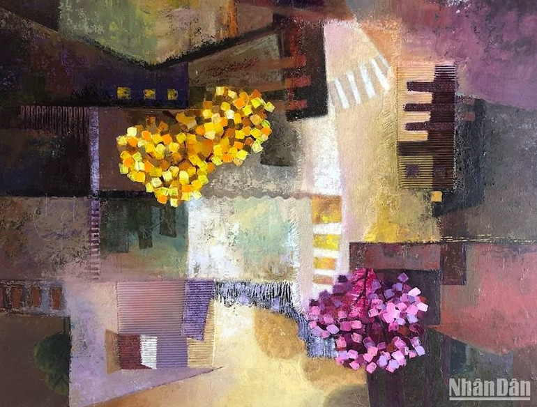 Tác phẩm Xuân về trên phố của họa sĩ Trần Văn Tâm. (Ảnh: ANH ĐÀO) Tác phẩm Xuân về trên phố của họa sĩ Trần Văn Tâm. (Ảnh: ANH ĐÀO)