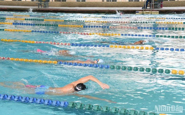 Các vận động viên Việt Nam đang luyện tập môn Bơi, chuẩn bị cho các đợt thi đấu tại Đại hội. (Ảnh: ANH ĐÀO)