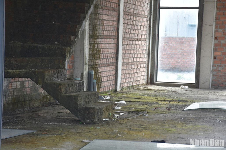 Rêu mốc, cửa kính tháo xuống nằm la liệt trên sàn nhà. (Ảnh: ANH ĐÀO)