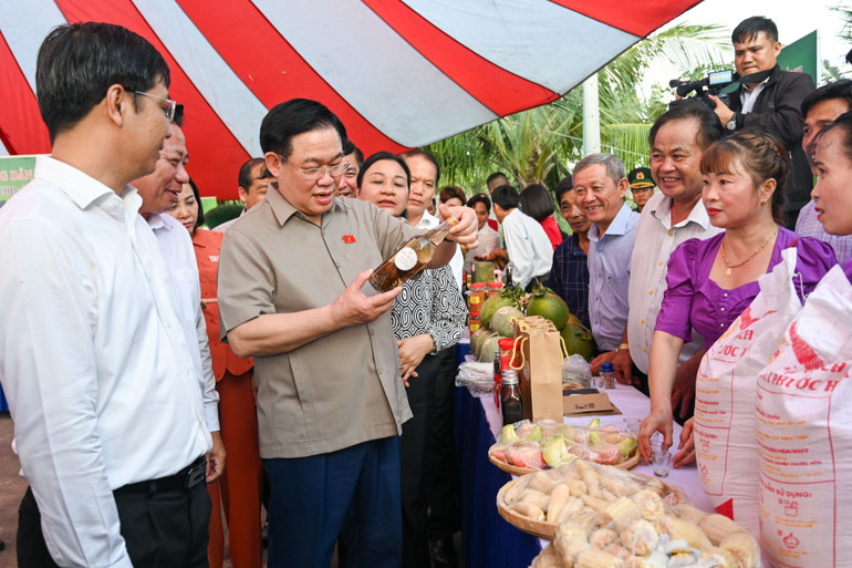 Chủ tịch Quốc hội Vương Đình Huệ và các đại biểu tham quan các gian hàng tại chương trình đoàn kết quân-dân. (Ảnh: DUY LINH)