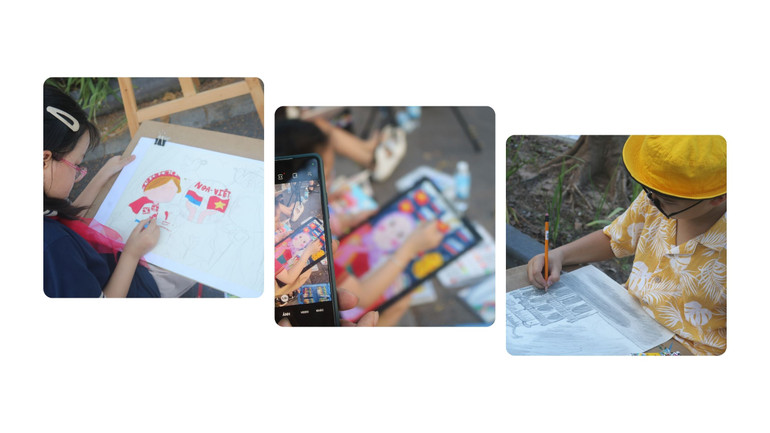 Các em học sinh bên tác phẩm của mình.