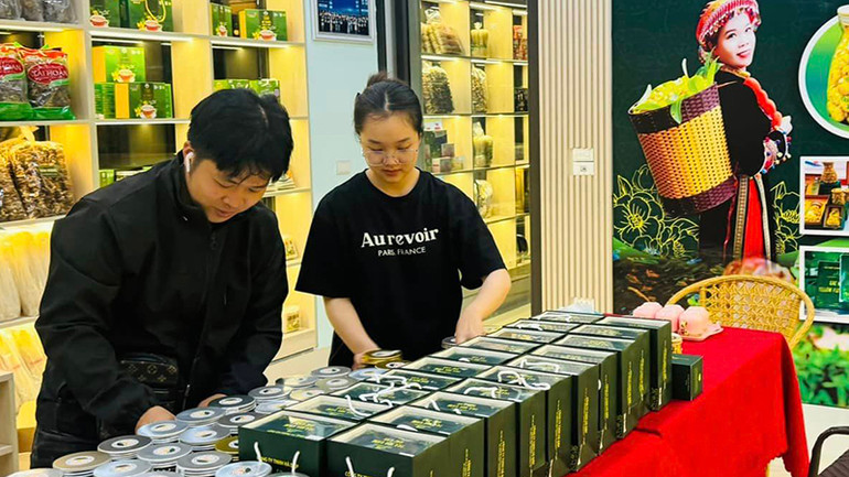 Việc quảng bá, giới thiệu sản phẩm ngày càng được quan tâm. (Trong ảnh: Gian hàng giới thiệu sản phẩm trà hoa vàng của Công ty Trách nhiệm hữu hạn Hà Diệp tại thành phố Bắc Kạn được đầu tư quy mô, bài bản). (Ảnh: THU CÚC)