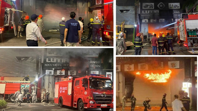 Đội phòng cháy, chữa cháy cơ sở TASCO Mall hỗ trợ lực lượng chức năng điều khiển xe chữa cháy, phun xịt nước liên tục.