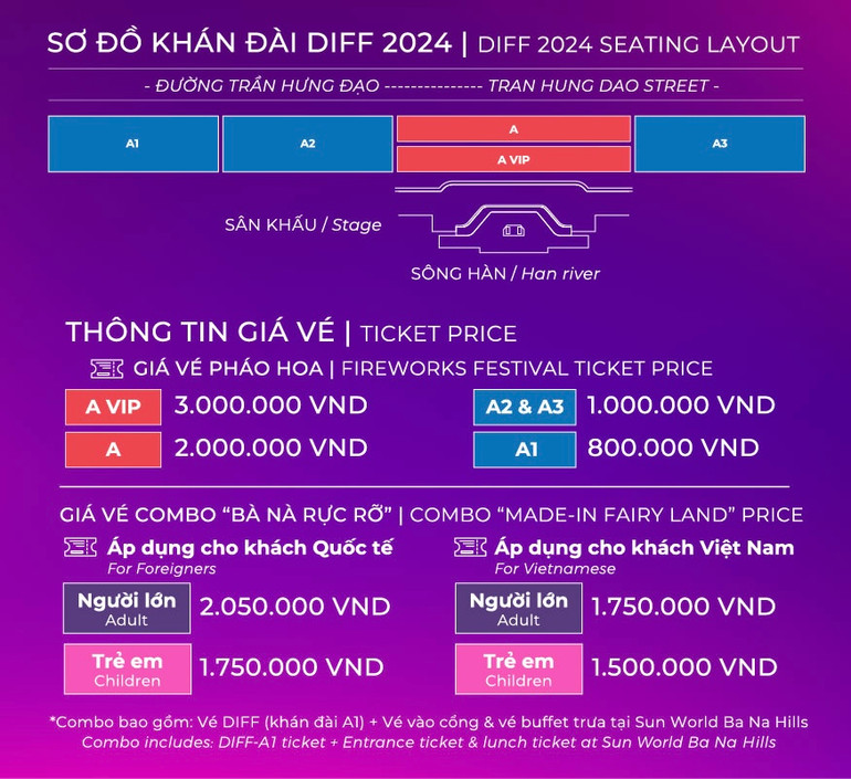 Sơ đồ khán đài và thông tin chi tiết về giá vé DIFF 2024.