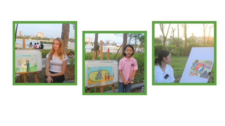 Các em học sinh bên tác phẩm của mình.