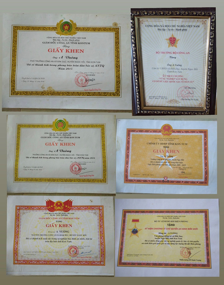 Đồng chí A Vuông nhận được nhiều Giấy khen, Kỷ niệm chương của các cấp, các ngành.
