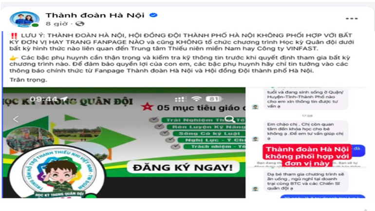 Thành đoàn - Hội đồng Đội thành phố Hà Nội cảnh báo lừa đảo liên quan đến “Học kỳ Hè Quân đội năm 2025”. (Ảnh chụp màn hình). Thành đoàn - Hội đồng Đội thành phố Hà Nội cảnh báo lừa đảo liên quan đến “Học kỳ Hè Quân đội năm 2025”. (Ảnh chụp màn hình).