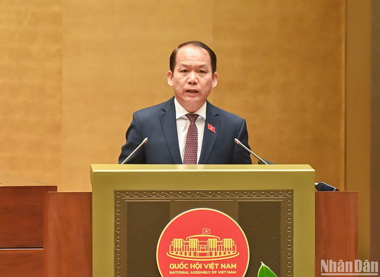 Chủ nhiệm Ủy ban Pháp luật Hoàng Thanh Tùng trình bày báo cáo thẩm tra. (Ảnh: DUY LINH)