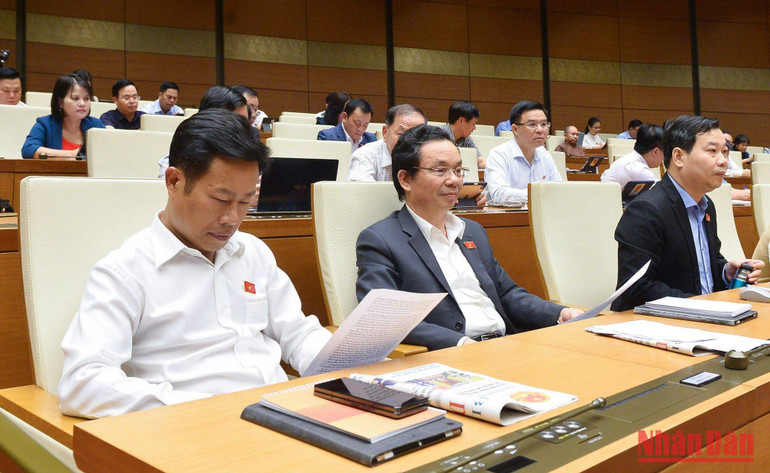 Các đại biểu Quốc hội tại phiên thảo luận về dự án Luật Bảo vệ quyền lợi người tiêu dùng (sửa đổi). (Ảnh: THỦY NGUYÊN)