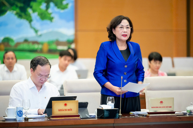Thống đốc Ngân hàng Nhà nước Nguyễn Thị Hồng trình bày tờ trình. (Ảnh: DUY LINH)