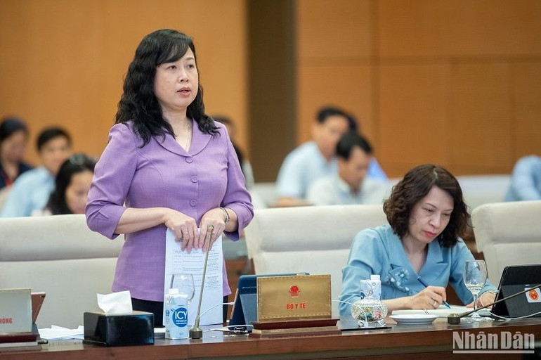 Bộ trưởng Y tế Đào Hồng Lan phát biểu tại phiên họp. (Ảnh: DUY LINH)