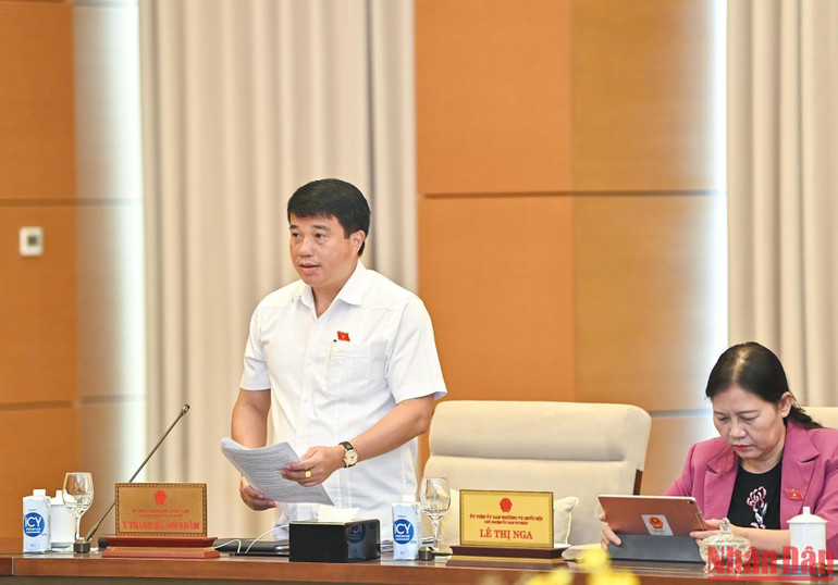 Chủ tịch Hội đồng Dân tộc Y Thanh Hà Niê Kđăm trình bày báo cáo tại phiên họp.