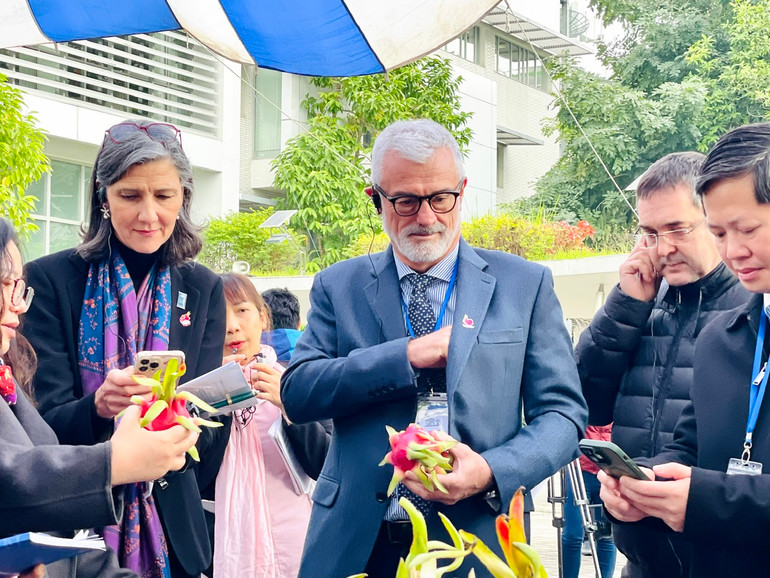 Các đại biểu quét mã truy xuất "dấu chân carbon" trên sản phẩm thanh long trưng bày tại hội thảo.