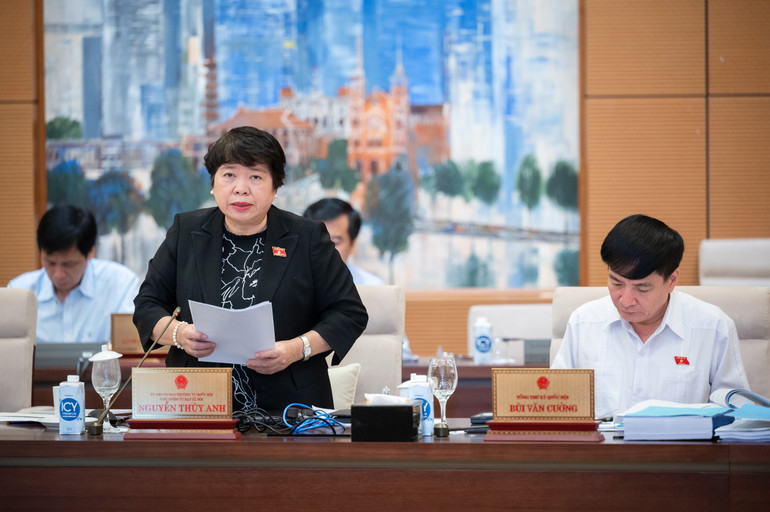 Chủ nhiệm Ủy ban Xã hội của Quốc hội Nguyễn Thúy Anh trình bày Báo cáo thẩm tra sơ bộ dự án Luật. (Ảnh: DUY LINH)