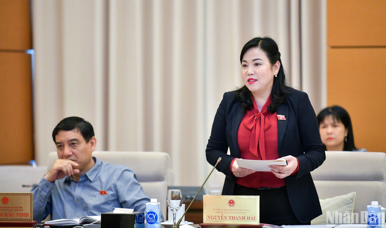 Trưởng Ban Công tác đại biểu Nguyễn Thanh Hải báo cáo tại phiên họp. (Ảnh: DUY LINH)